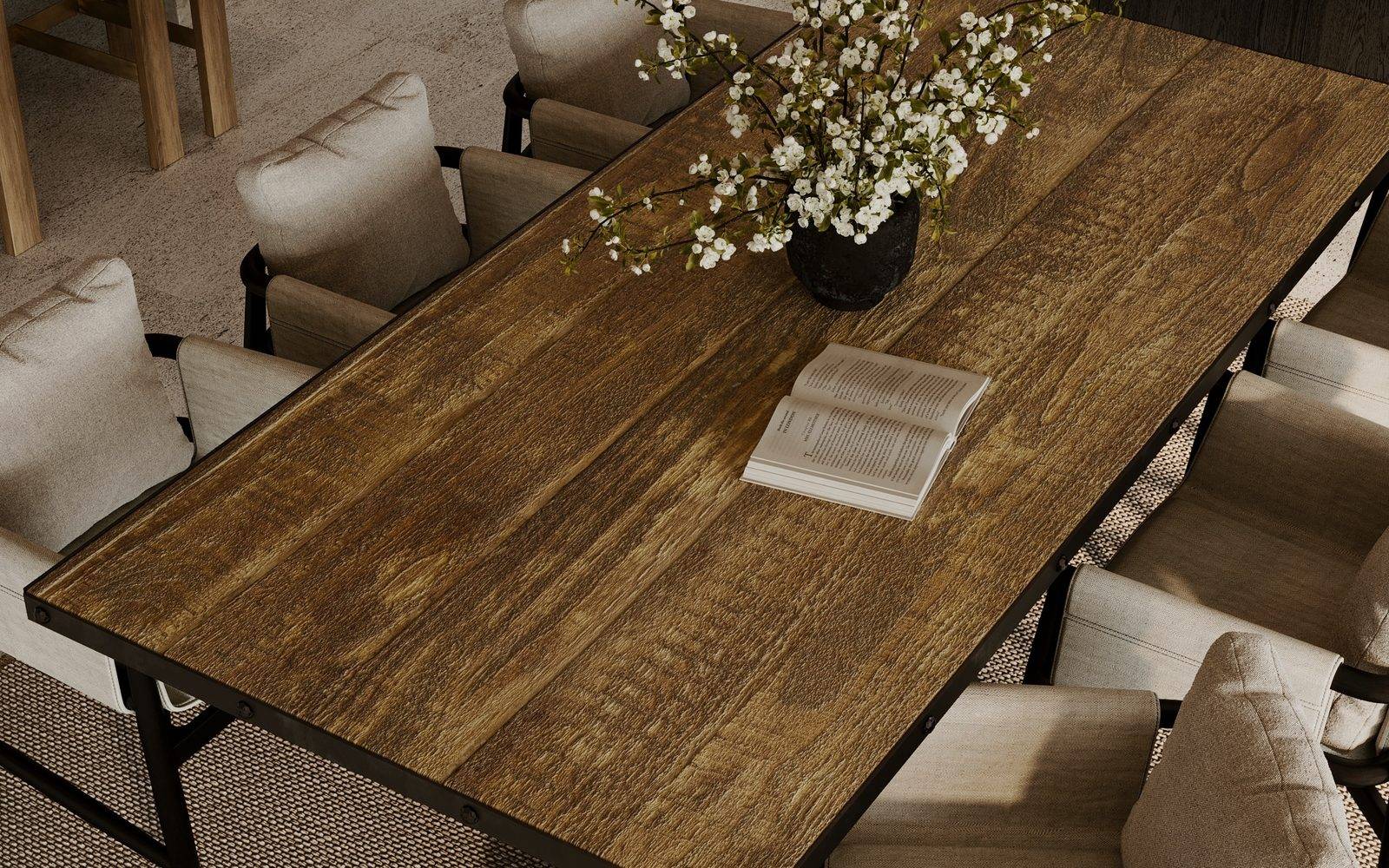 Reclaimed barn oak dining table by EIKFORM in a contemporary interior