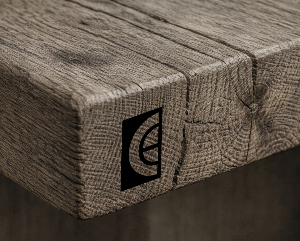 Reclaimed oak table corner with EIKFORM logo